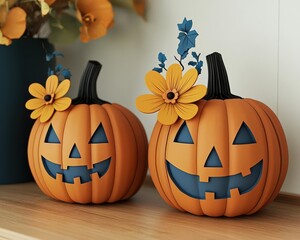 Whimsical decorative pumpkins with cheerful faces, adorned with flowers, perfect for autumn and Halloween festivities.