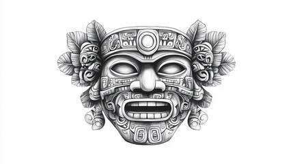 Intricate black and white illustration of a traditional mask with detailed carvings and decorative elements.