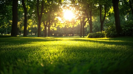 Obraz premium Sunlight filtering through a grove of trees onto a vibrant green grass lawn, with soft shadows creating a peaceful scene.