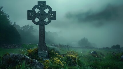 A Celtic cross standing in a misty Irish landscape, with its ancient stonework symbolizing the blending of Christian and Celtic traditions. The scene captures the mysticism and historical depth 