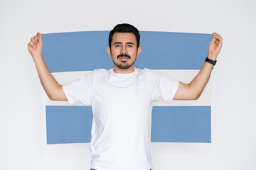 Moustached man holding Argentina flag, patriot and nationalist person, independence or celebration 