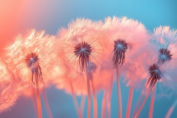 Obraz premium ethereal dandelion seeds floating against a soft gradient background delicate wisps carry messages of hope and remembrance symbolizing the fragility and beauty of lifes transitions