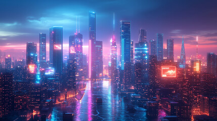 Fototapeta premium A lone figure gazes over a vibrant, neon-lit city skyline at dusk, showcasing a blend of technology and beauty.