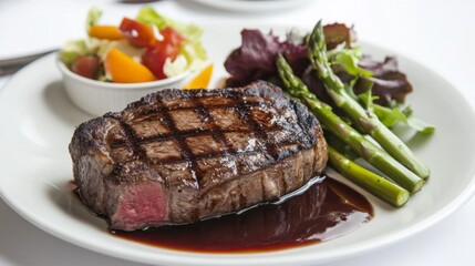 A gourmet steak dinner presented on a modern plate, accompanied by a red wine reduction sauce, asparagus spears, and a side salad, all set on a clean white table.