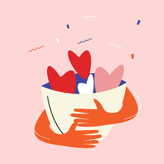 Hugging heart. Hug yourself. Love yourself vector flat illustration.