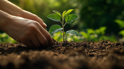 A hand gently plants a young seedling in rich soil, symbolizing growth, care, and the beauty of nature.