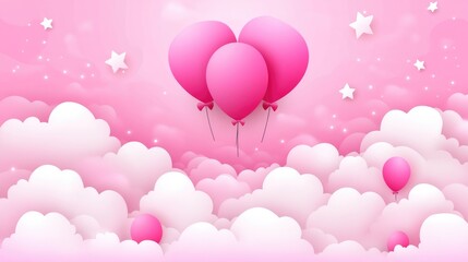 Colorful pink balloons floating among fluffy clouds in a whimsical sky setting
