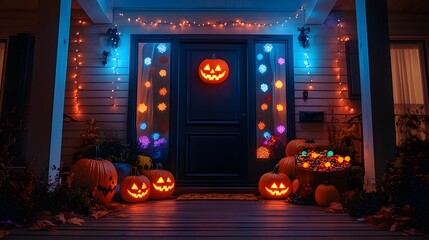 Obraz premium Colorful Halloween Porch with Jack-o'-Lanterns, Candy, and Festive Lights