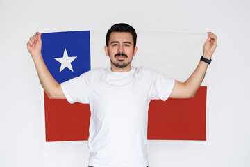 Moustached man holding Chile flag, independence or celebration day idea, patriot and nationalist 