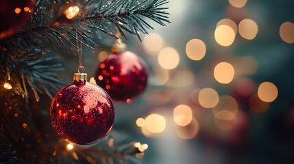 Christmas Tree with Red Baubles and Warm Bokeh Lights in Background