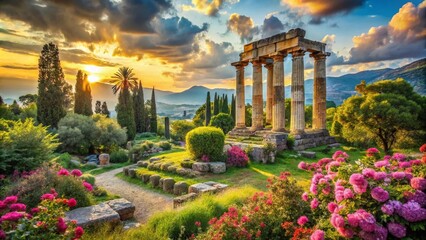 Majestic ancient Greek ruins nestled among lush greenery, vibrant flowers, and towering trees, evoking myths and legends in a serene, picturesque Italian countryside setting.