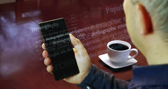 Demographic crisis global population problem articles is reading the on smartphone. Man read headline news across international media. Abstract concept of news titles on phone in hand.