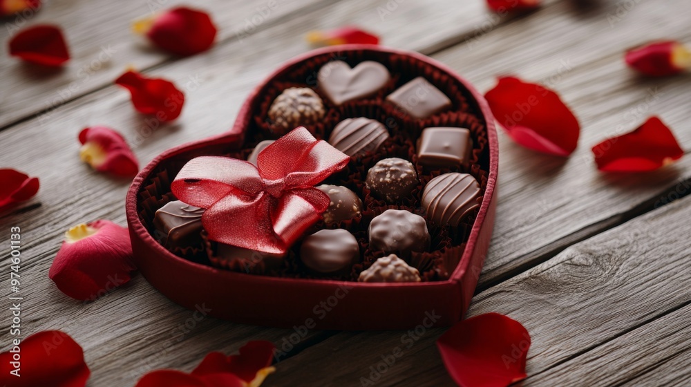 Poster A heart-shaped box of assorted chocolates with a ribbon on a wooden table, surrounded by scattered rose petals. The scene is perfect for a romantic gesture.