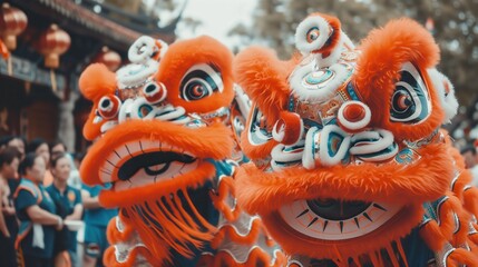 Fototapeta premium Vibrant orange dragon dance performance during a traditional festival with detailed costumes and enthusiastic crowd in background.