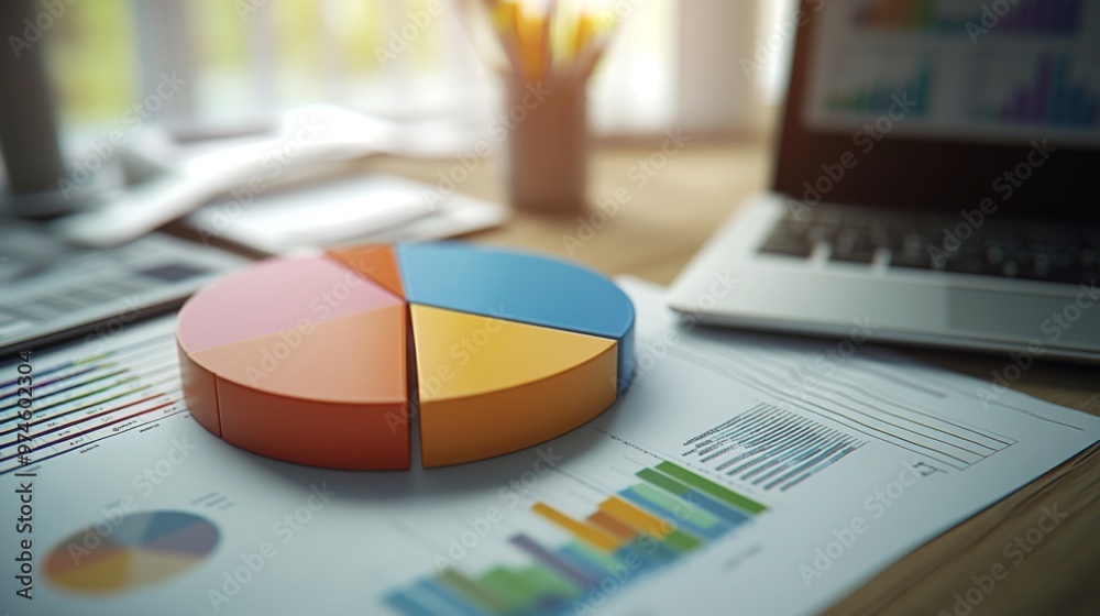 Leinwandbilder a high-angle view of a 3d pie chart with labeled segments, placed on a desk alongside business docum