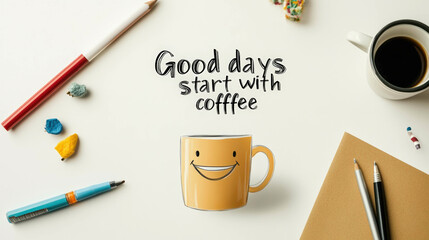 Handwritten quote 'A good day starts with coffee' next to a cheerful coffee mug illustration, surrounded by stationery, conveys the fun and creative energy that coffee provides.