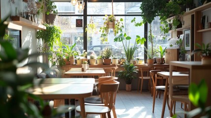 Obraz premium Cozy Cafe with Modern Decor: Plants, Wooden Tables & Delicious Coffee
