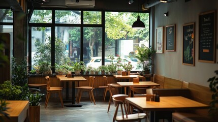 Obraz premium Plant-Filled Modern Cafe: Cozy & Chic in [City Name]