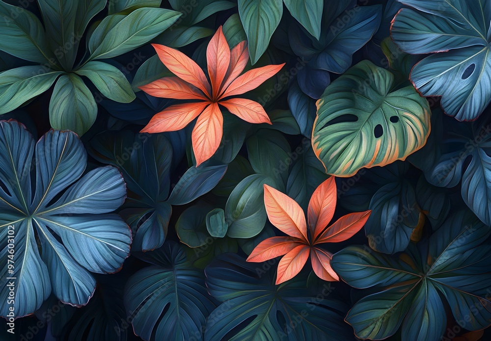 Wall mural tropical leaves background with orange flowers