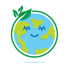 Cute Earth character with leaf. Green and blue planet. Save Earth day.