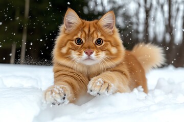 Fototapeta premium A Maine Coon pouncing playfully through the snow, its long coat and large paws perfectly adapted for the cold