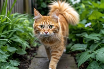 A Maine Coon walking confidently through a lush garden, its bushy tail swishing as it explores its territory