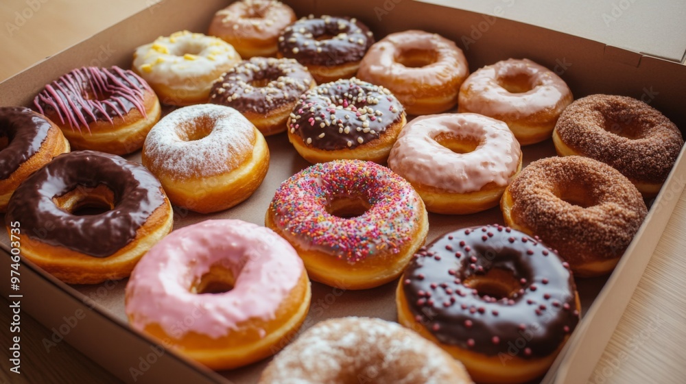 Aufkleber a high-angle view of a box of assorted donuts with an open lid, showcasing a mix of flavors and desi
