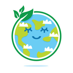 Cute Earth character with leaf. Green and blue planet. Save Earth day.