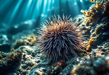  Sea urchin resting on the ocean floor, with its spines extending in all directions, creating a striking and delicate underwater scene.