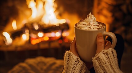 Cozy scene with hands holding hot chocolate topped with whipped cream in front of a warm fireplace, perfect for winter nights.