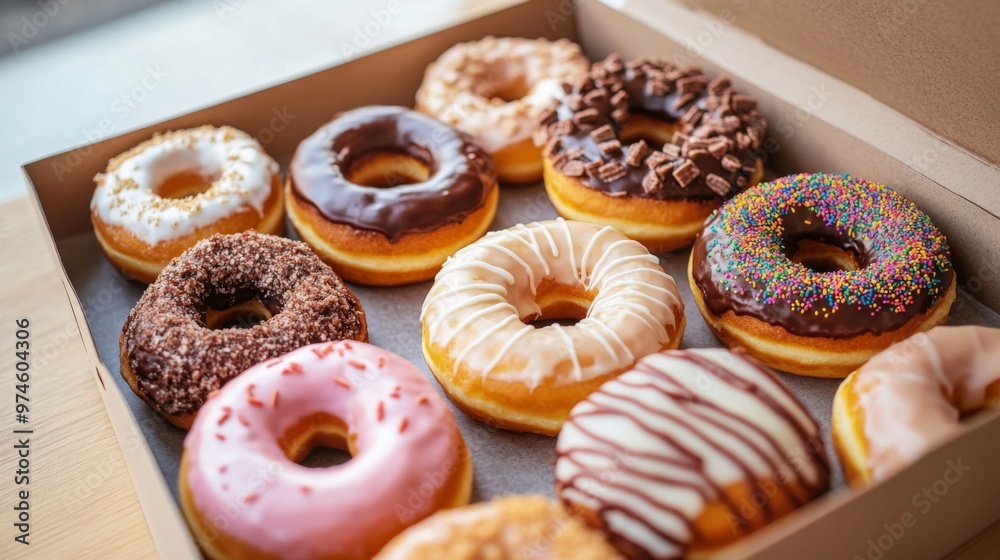 Aufkleber A high-angle view of a box of assorted donuts with an open lid, showcasing a mix of flavors and designs, perfect for a morning treat.