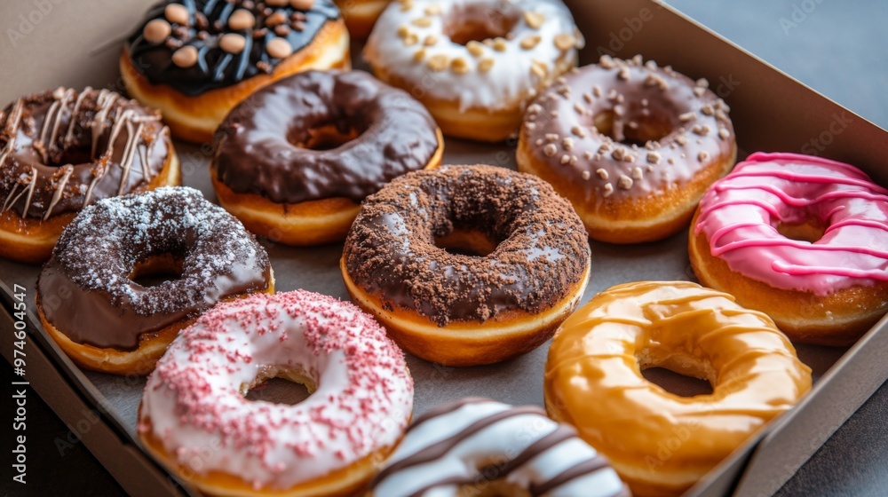 Aufkleber a high-angle view of a box of assorted donuts with an open lid, showcasing a mix of flavors and desi