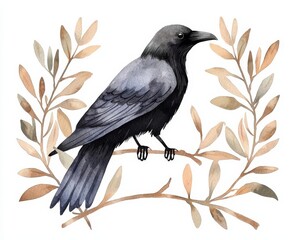 Fototapeta premium A beautiful illustration of a black bird perched among delicate foliage. Perfect for nature-themed designs.
