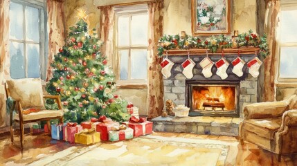 Cozy Watercolor Living Room with Christmas Tree, Fireplace, and Gifts