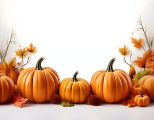 Orange pumpkins and autumn leaves on beige background