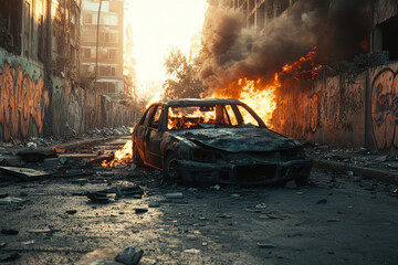 A destroyed car burning in a desolate, graffiti-covered urban street, surrounded by rubble and smoke after a violent riot.
