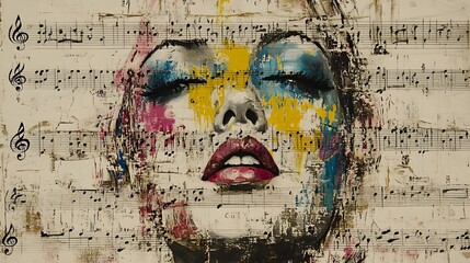 Woman's Face, Minimalist Features, With Musical Score Background, Multicolored and White, Abstract Image, Texture, Pattern Background, Wallpaper, Cover and Screen of Smartphone, PC, Laptop, 9:16 and 1