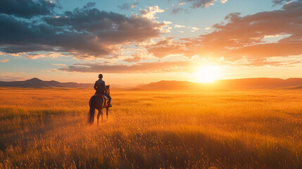 夕暮れの草原で馬に乗る男性