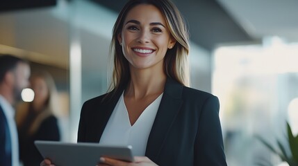 Smiling businesswoman holding a digital tablet in an office