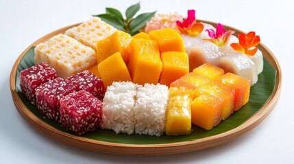 A high-resolution image of a beautifully arranged plate of traditional Thai sweets, including sticky rice with mango, coconut custard, and colorful Thai jelly desserts, on a white background.