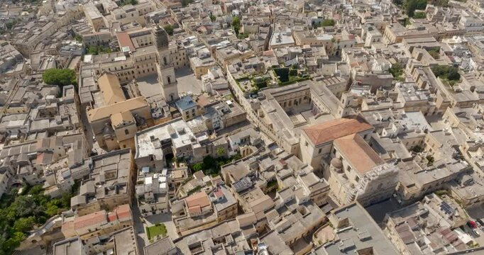 Aerial view of the church of Santa Irene and cathedral of Lecce, in Apulia, Italy. These two churches are located in the historic center of the city.