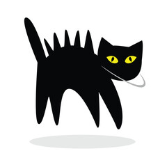 Cartoon black cat silhouette. Shock kitten expression.