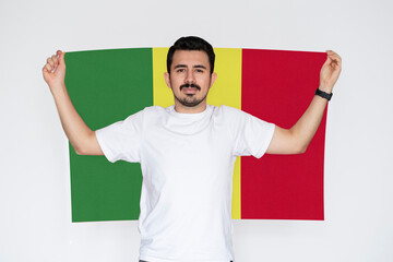 Moustached man holding Senegal flag, campaigning concept, independence or celebration day idea