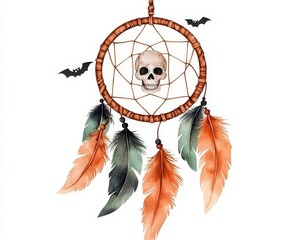 A unique dreamcatcher featuring a skull and vibrant feathers, perfect for Halloween or gothic decor.