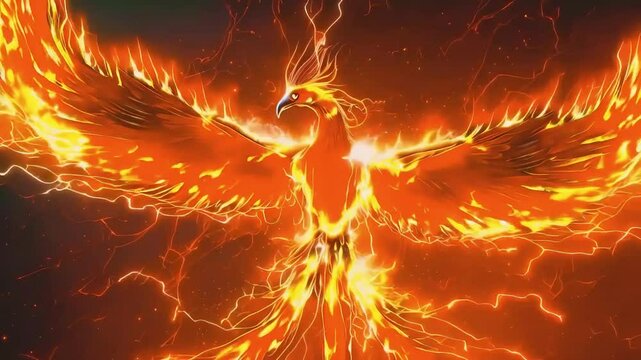 A fiery phoenix with outstretched wings, a mythical creature symbolizing rebirth and renewal.