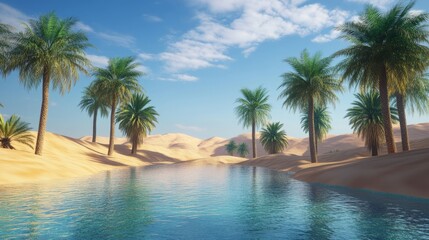Fototapeta premium Escape to a Desert Oasis: Palm Trees, Sparkling Pool, and Endless Dunes