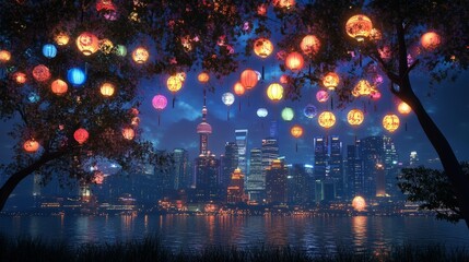 Fototapeta premium Mid-Autumn Festival 3D Cityscape with Vibrant Lanterns - AR Experience 1