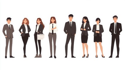Obraz premium Characters of young business professionals in a minimalist style, displaying emotions like confidence, ambition, and frustration, white background 