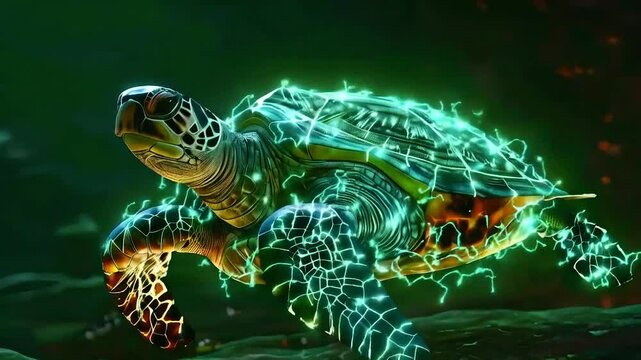 A sea turtle with a glowing green shell swims through the water.
