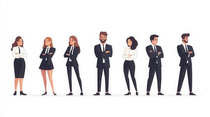 Characters of young business professionals in a minimalist style, displaying emotions like confidence, ambition, and frustration, white background 